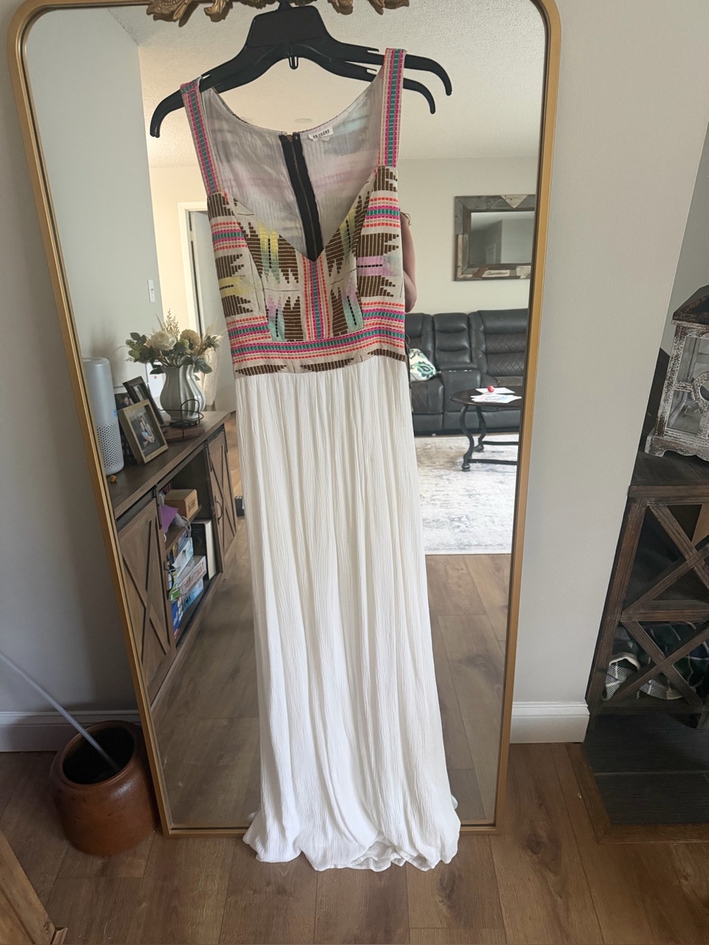 Boho Embroidered White Maxi Dress with Multicolor Bodice Size Medium